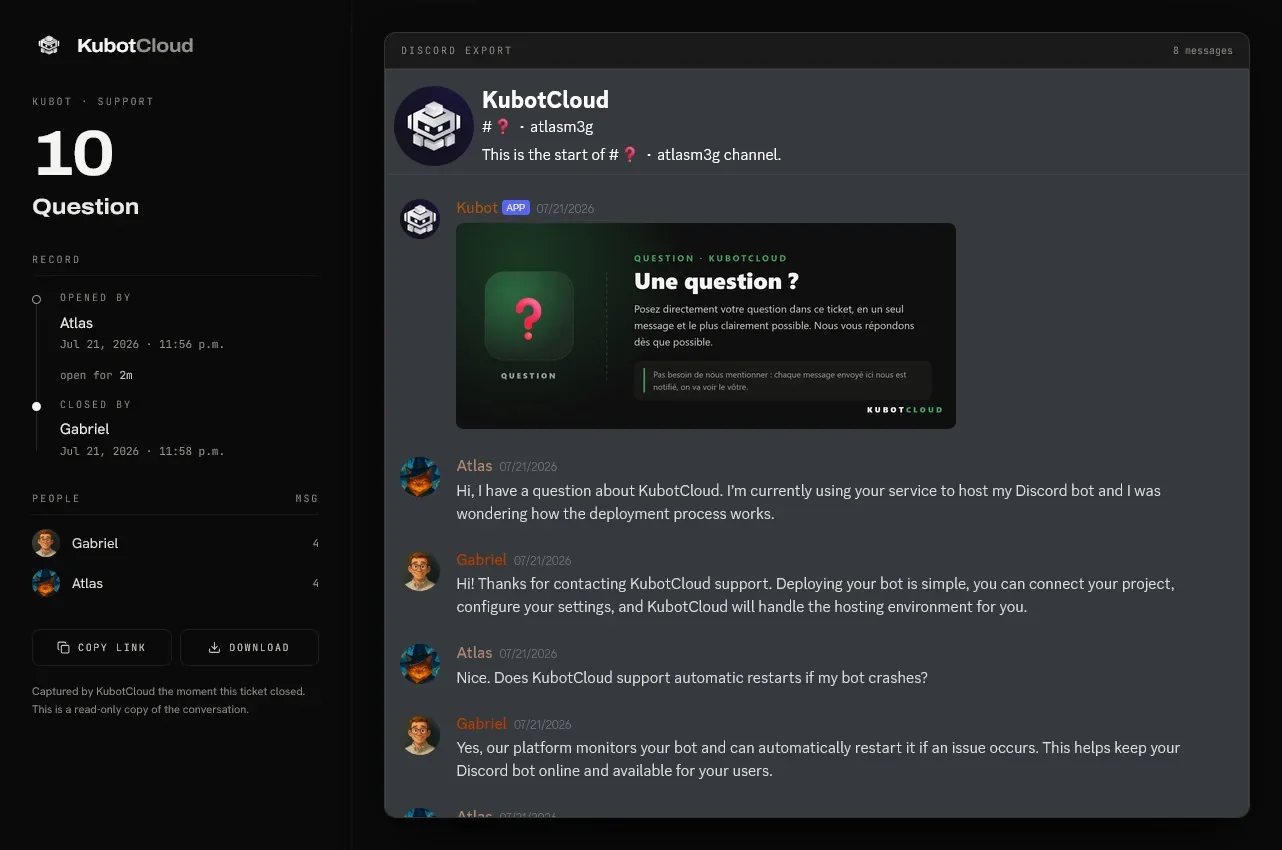 A saved Discord ticket transcript with its messages and images intact