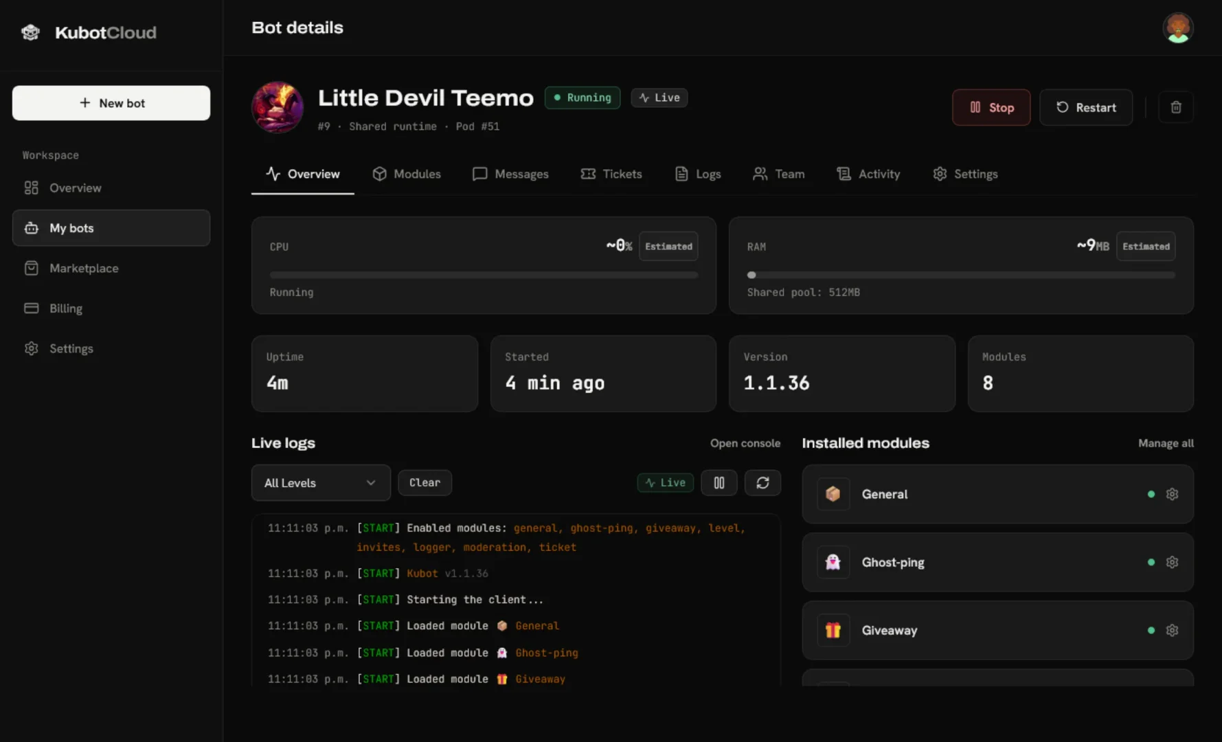 The Kubot dashboard showing a Discord bot's status, resource use and installed modules