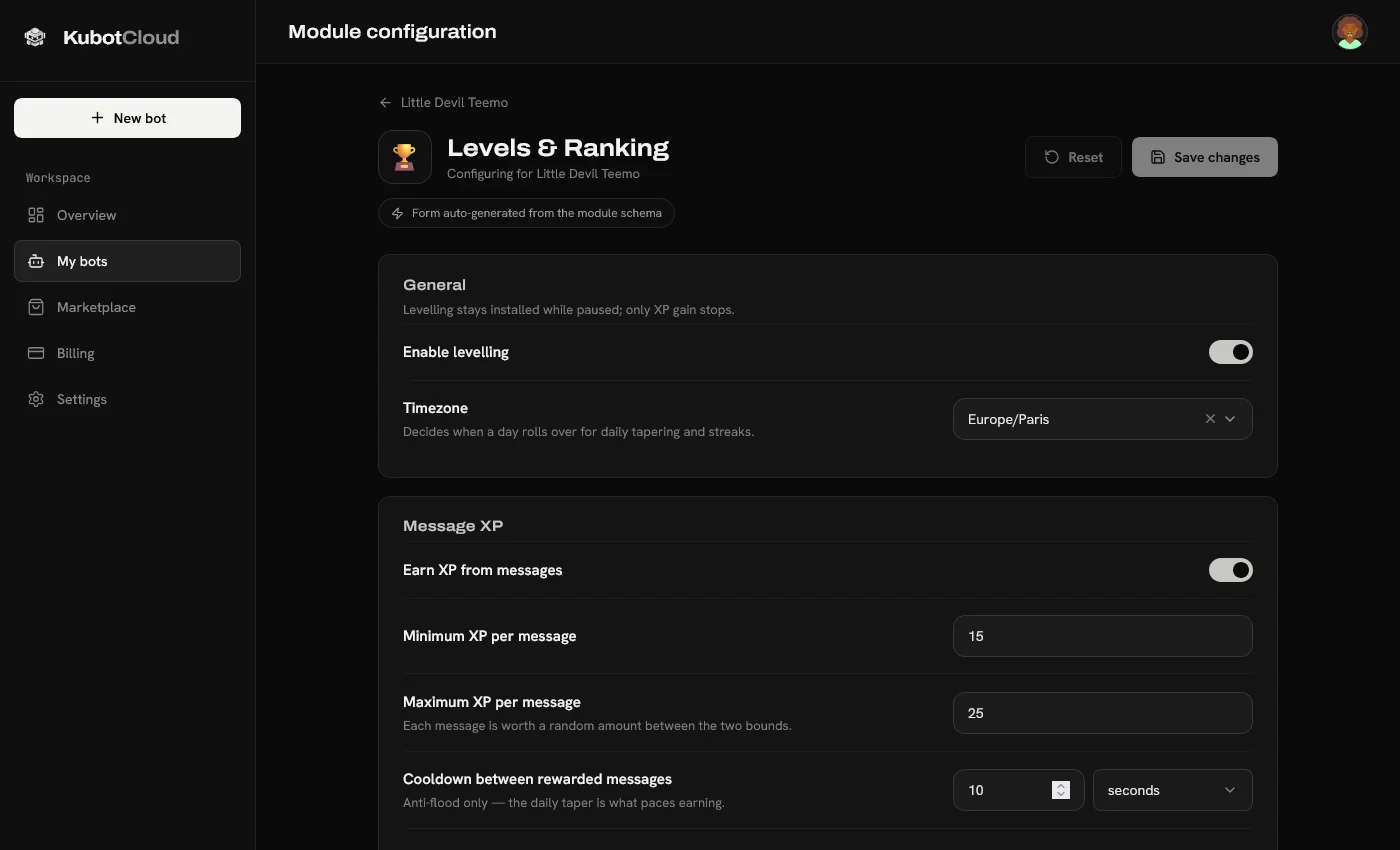 Configuring a Discord bot module from a generated form in the dashboard
